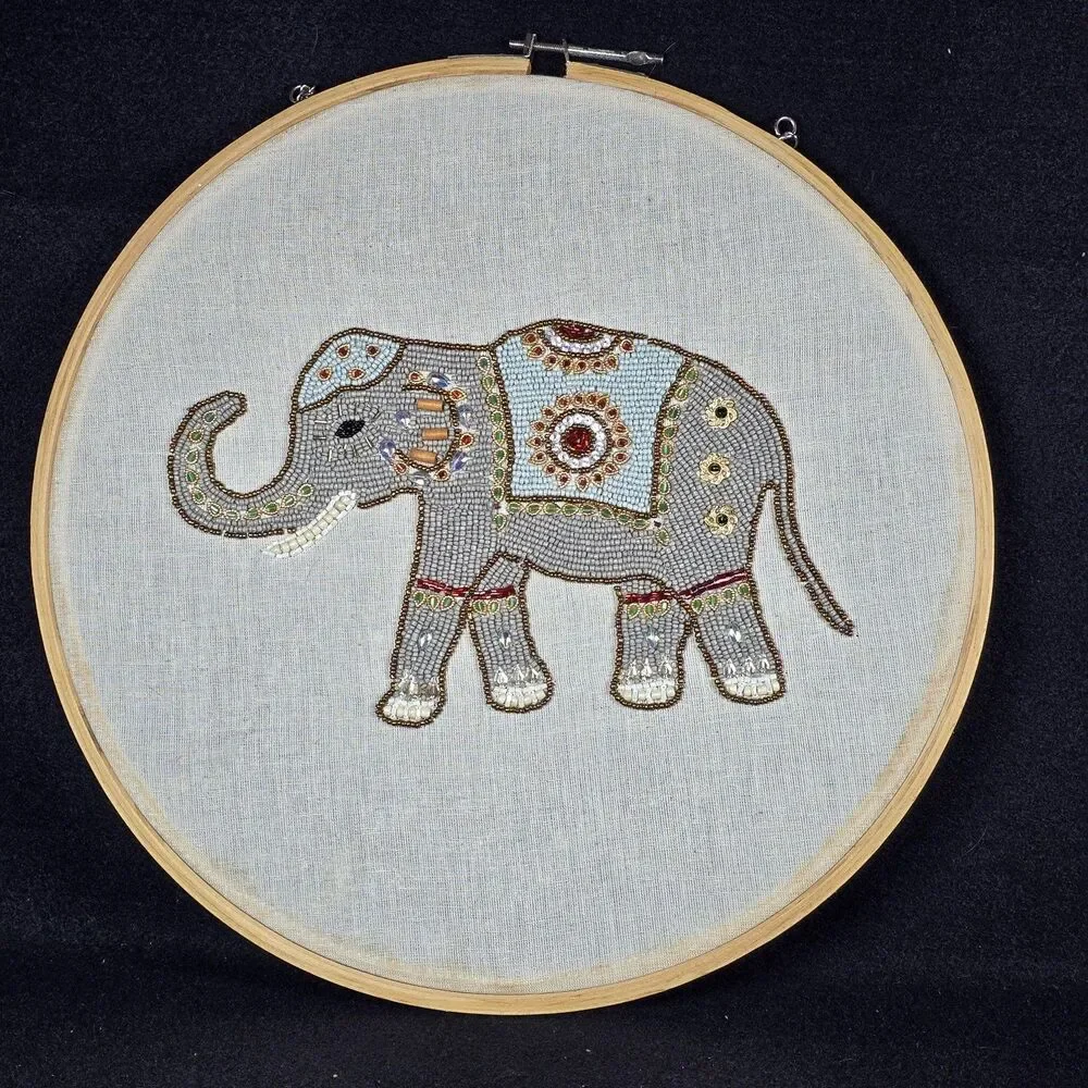 Boho Elephant Wall Art Embroidery Hoop Beaded Hanging Decor 14.5